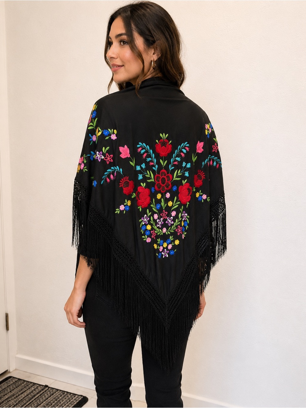 Black Embroidered Floral Fringe Shawl OS